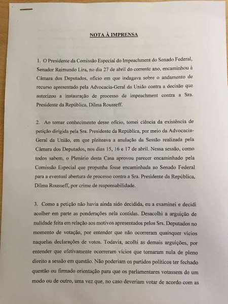 Nota publicada pelo presidente interino da Câmara, deputado Waldir Maranhão (PP-MA) 