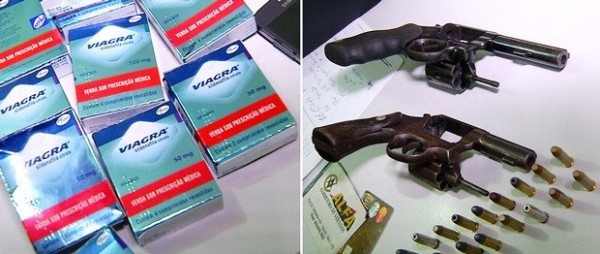 As dez caixas de Viagra roubadas da farmácia foram recuperadas com a prisão dos suspeitos; armas usadas no assalto foram apreendidas (Foto: Reprodução/Inter TV Cabugi)