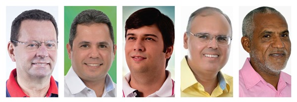 Candidatos a prefeito: Carlson, Eugênio, Odon, Sérgio e Zé Coco. As fotos estão em ordem alfabética.