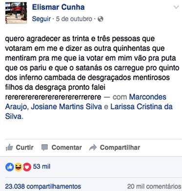 A mensagem publicada por Cunha já teve mais de 50 mil curtidas e 23 mil compartilhamentos.